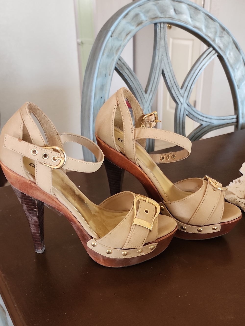 Bakers Beige Platform Ankle-Strap Heels with Gold Accents